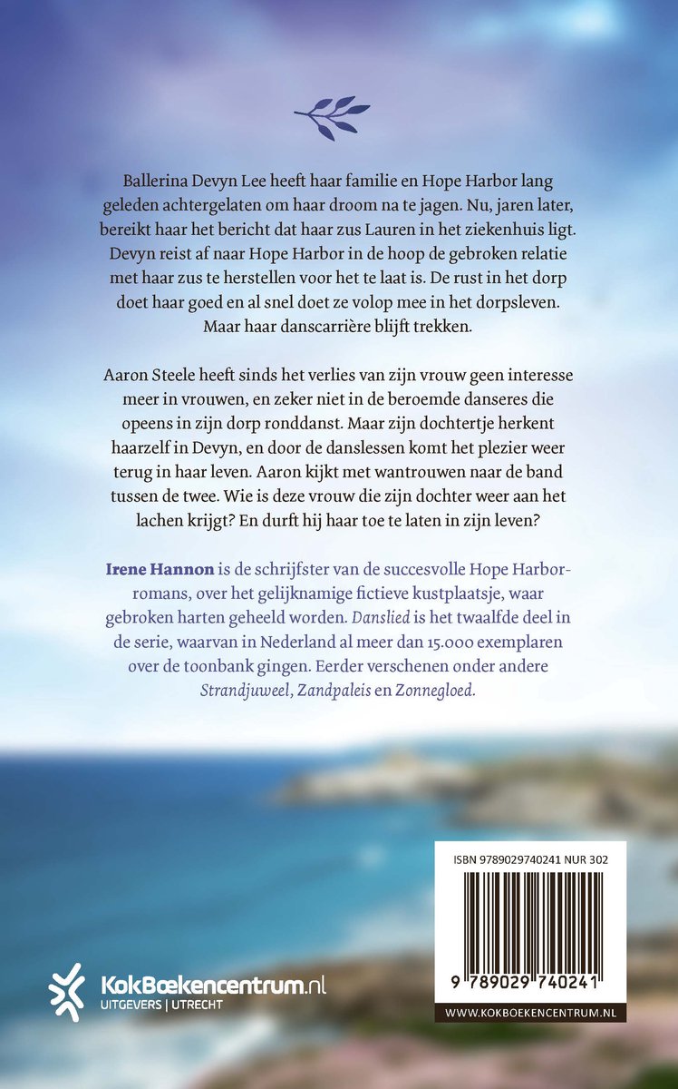 De achterkant van het boek 'Danslied' van Irene Hannon, met een samenvatting en ISBN-nummer.
