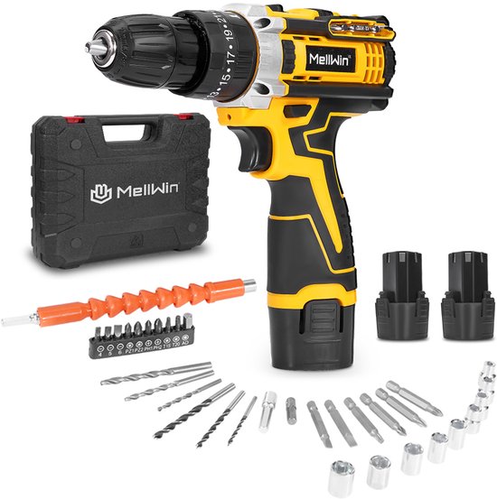 MELLWIN 12V Accuboormachine Set - 25+3 Koppel & 2 Snelheden - Inclusief 2 Accu's en...