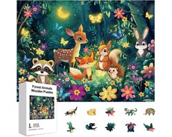 GLOBLELAND 300 Pieces Night Forest Cartoon Animals Wooden Jigsaw Puzzles for Adults 28.5 x 38.5cm Colorful Cartoon Deer Fox Wood Kids Puzzle for Holiday Birthday Gift