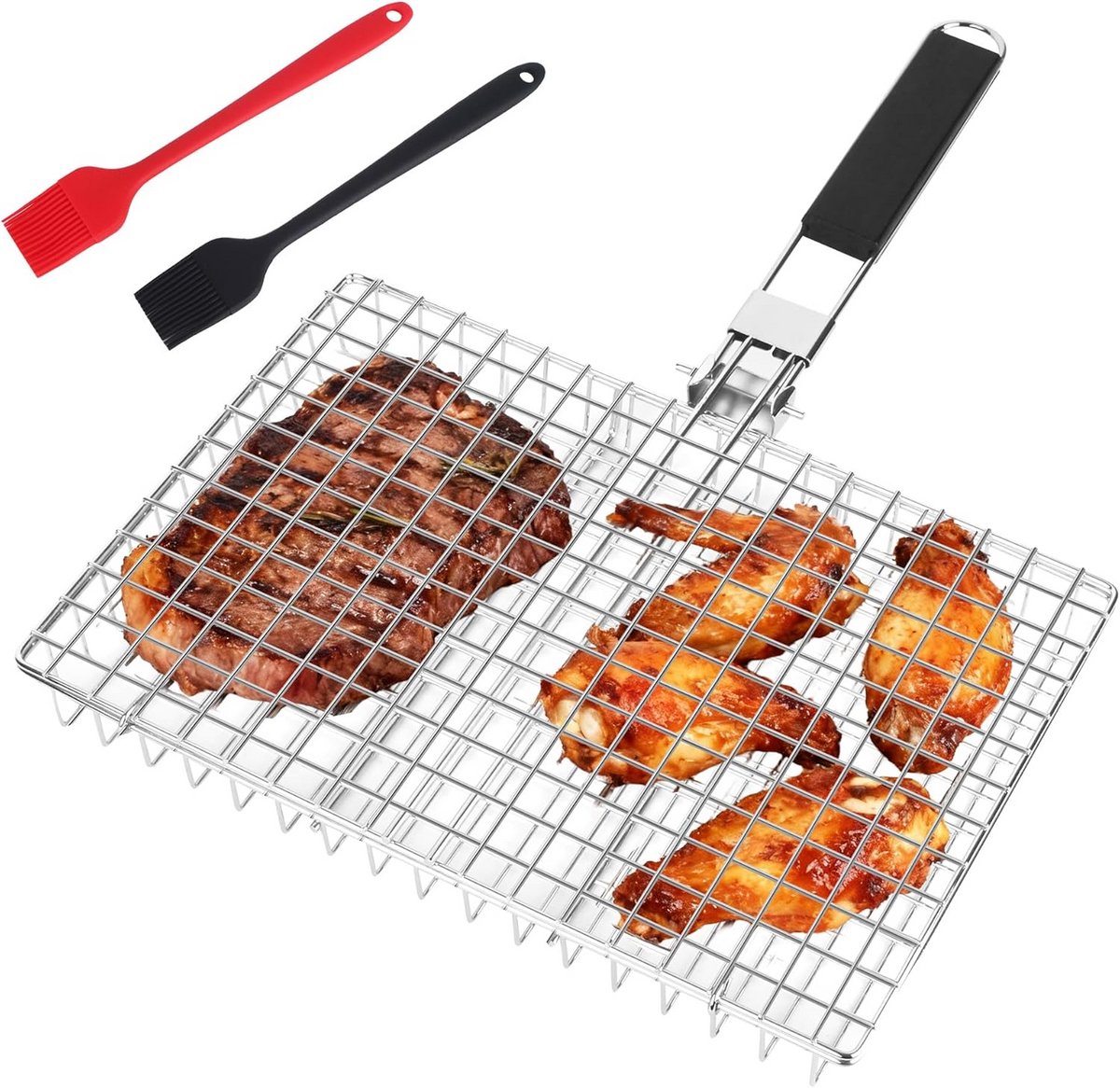 Opvouwbare Grillmand met 2 Grillborstels voor Vis, Steak en Garnalen