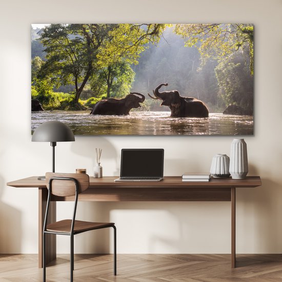 Décoration murale Métal - Peinture Aluminium - Eléphants jouant au soleil - 160x80 cm - Dibond
