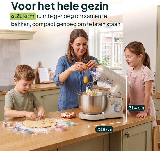 Vivid Green 2000W Keukenmixer - Geschikt voor Zwaar Deeg - 6,2L Mengkom - Keukenmachine - Keukenrobot - Crème
