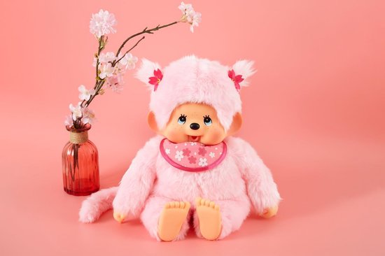 Originele Monchhichi kersenbloesem voor meisjes, pluche dier met slabbetjes en vlechten met bloemen, ca. 45 cm groot knuffeldier van roze pluche — afbeelding 3