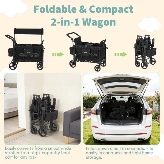 Opvouwbare Bolderkar voor 2 Kinderen - All-Terrain Wielen met Vering - Met Zonnekap & Snacktafel - 5-Punts Veiligheidsgordel - Max. 60kg - Zwart — afbeelding 2