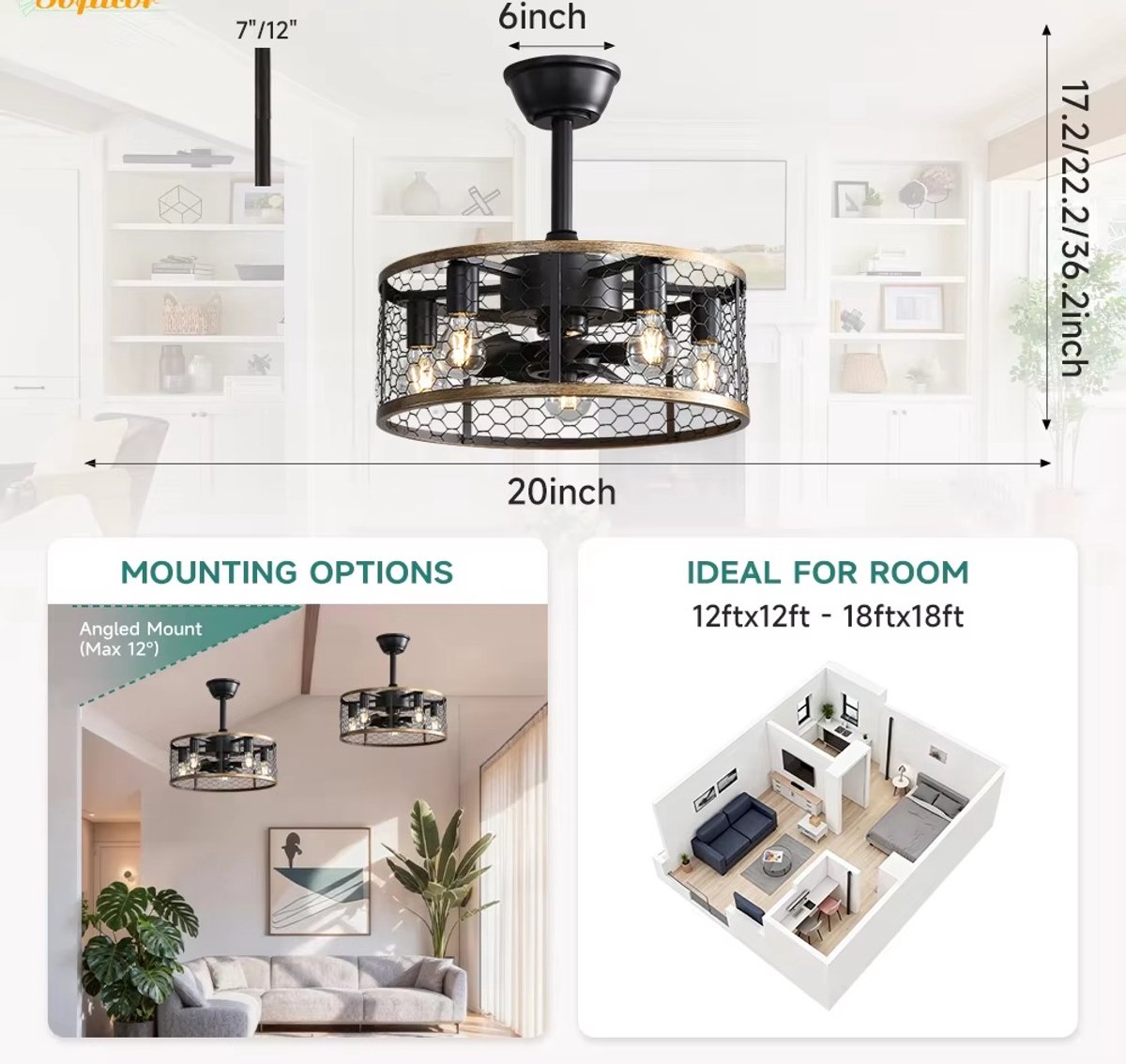 Equivera Plafonniere met Ventilator - Plafondventilator - Plafondventilator Afstandsbediening - Plafondventilator Slaapkamer - Plafond Ventilator met Verlichting - Plafondlamp - Plafonniere - Ideaal voor in uw slaapkamer! thumbnail 5