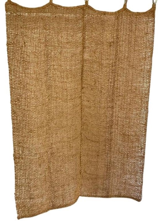 Natuurlijk bruin kokos buitengordijn, 100x210 cm, met grove weving en lusjes bovenaan.
