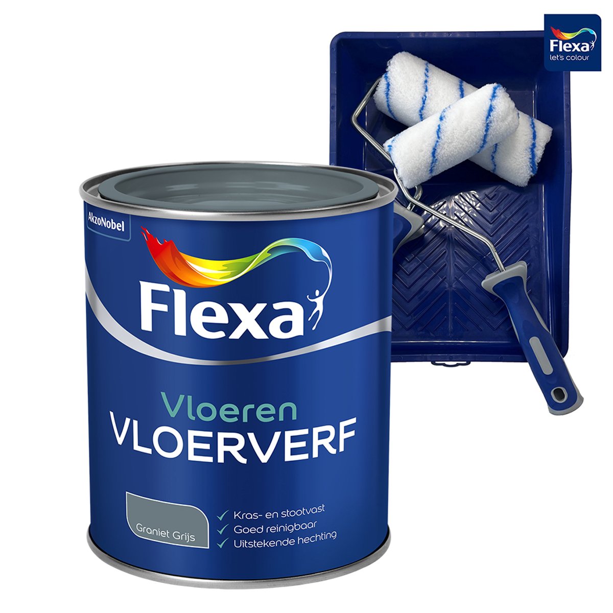Voordeelpakket Flexa Vloerverf Graniet - Grijs - 750 ML + Muurverf Roller - 5 Delig
