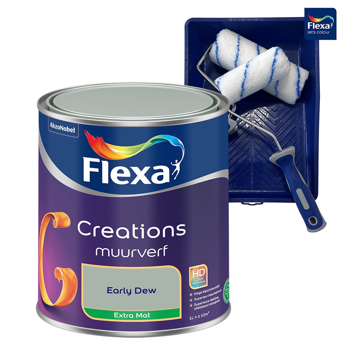 Voordeelpakket Flexa Creations - Muurverf - Extra Mat - Early Dew - Groen - 1 Liter + Muurverf Roller - 5 Delig