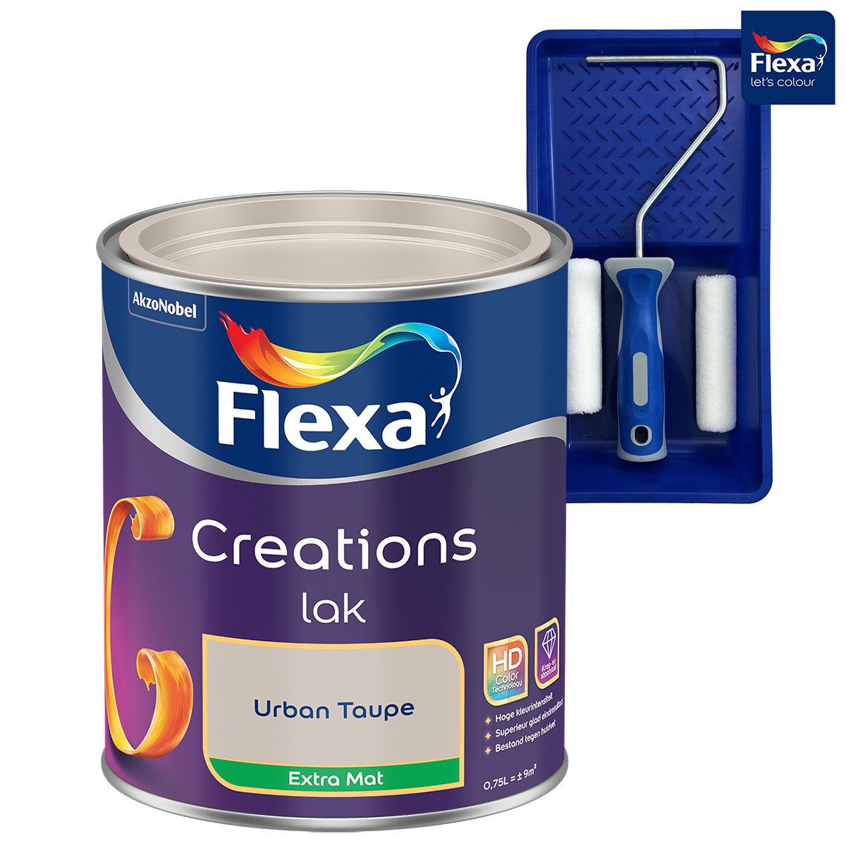 Voordeelpakket Flexa Creations - Lak Extra Mat - Urban Taupe - 750 ML + Lakroller - 4 Delig