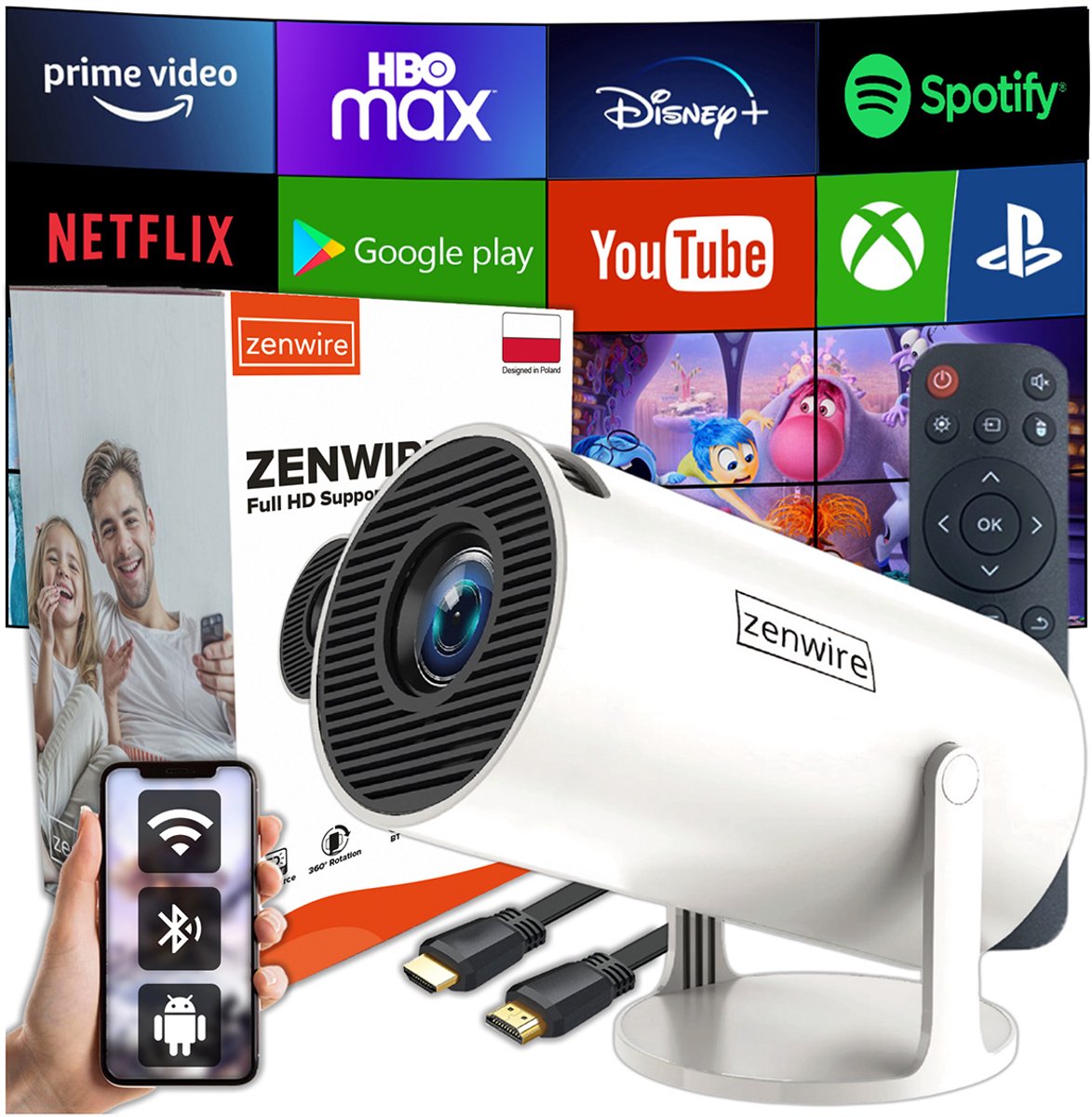 Zenwire R1 Mini Beamer 360 - Beamer - Mini Projector 360 - ANDROID 13 - WiFi 6 - Bluetooth 5.0 - 250 ANSI - HD 1280x720p ondersteunt FULL HD - Autokeystone 4D / Zoom - Home Cinema - Draagbaar - Voor IOS en Android - HDMI - USB - 36"-150" Scherm