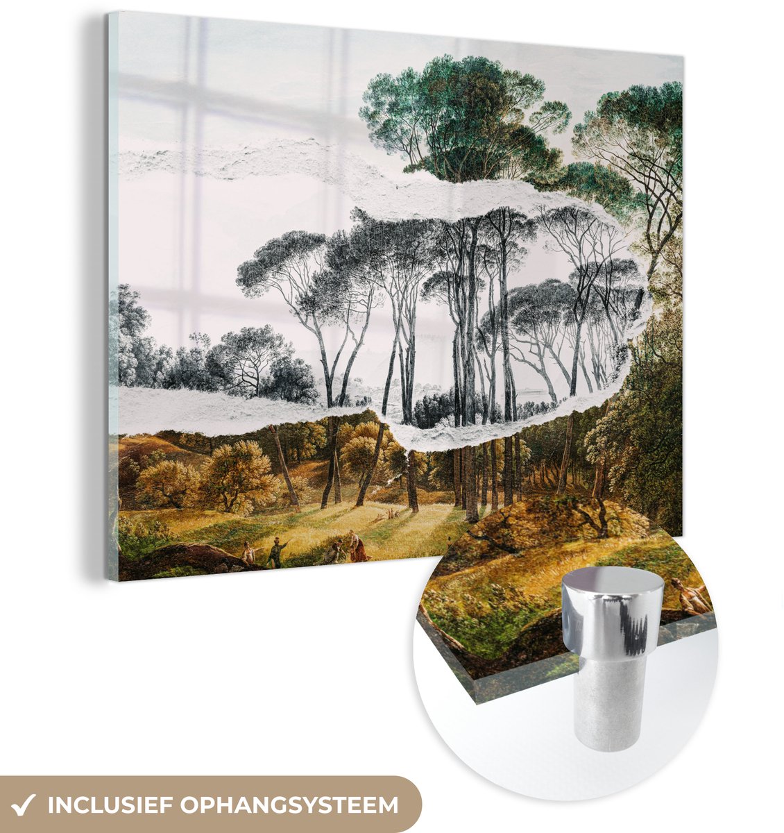 ® Glasschilderij 80x60 cm - Schilderij acrylglas - Italiaans landschap parasoldennen - Kunst - Hendrik Voogd - Schilderij - Zwart wit - Oude meesters - Foto op glas - Muurdecoratie woonkamer - Wanddecoratie slaapkamer - Schilderijen