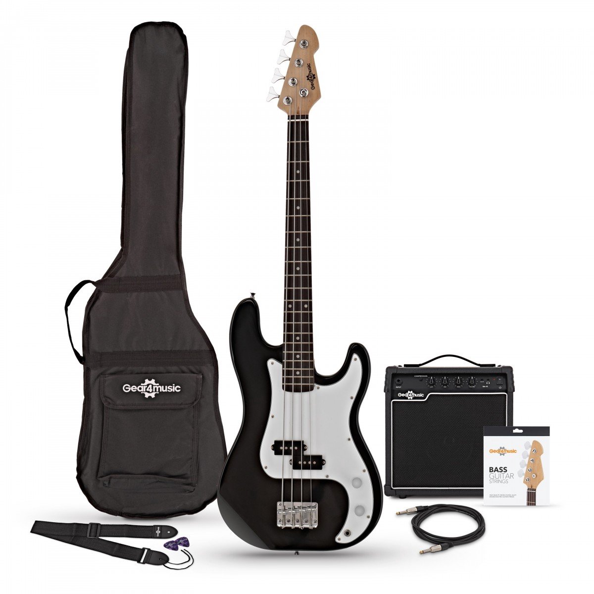 LA Short Scale Basgitaar + 15 W Versterkerpakket, Zwart
