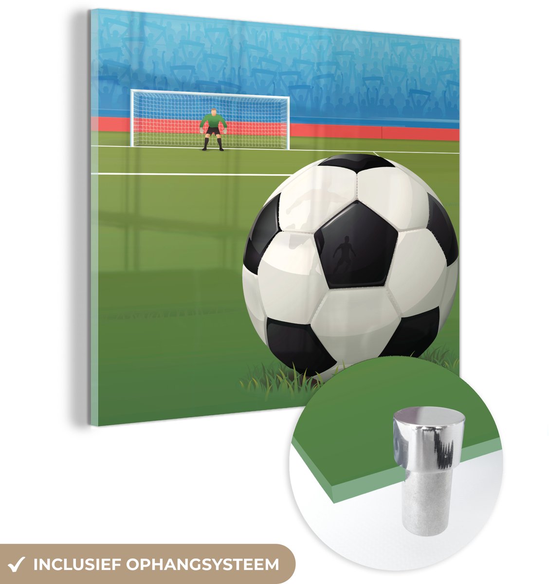 ® Glasschilderij 50x50 cm - Schilderij acrylglas - Een illustratie van een voetbal op het veld in het stadion - Jongens - Meiden - Kids - Foto op glas - Muurdecoratie woonkamer - Wanddecoratie slaapkamer - Schilderijen