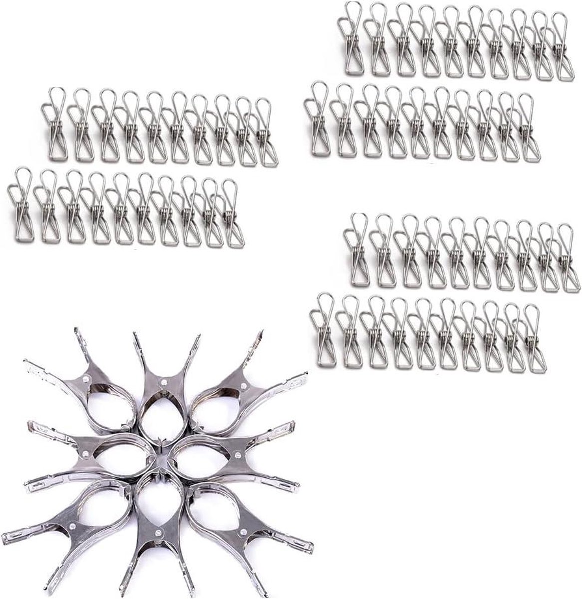 Handdoekclips - Wasknijpers - Kleding Drogen - Roestvrij Staal - 68 Stuks - Zilverkleurig
