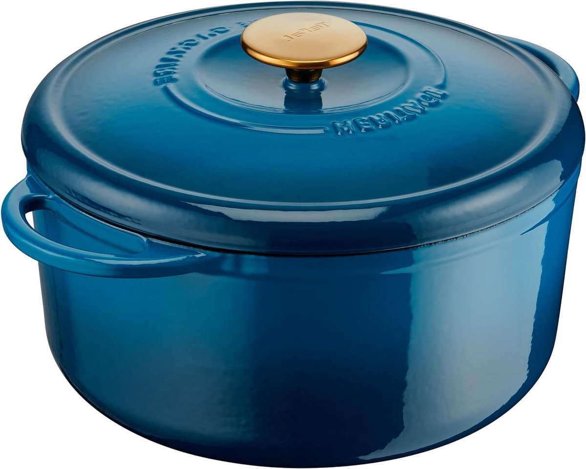 Gietijzeren Stoofpan - Braadpan met deksel - Langzaam Garen - Speciaal Condensdeksel - 25 cm 5 Liter - Blauw