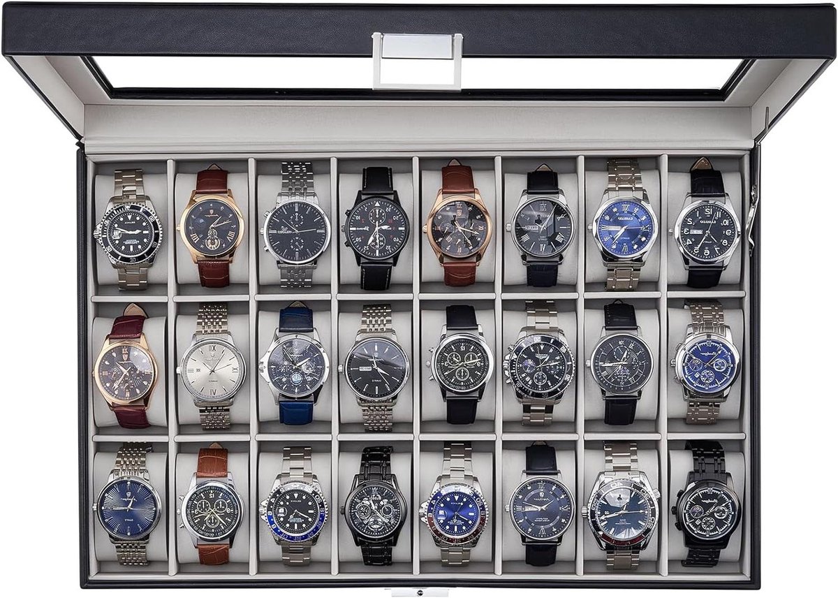 Horloge Doos - Sieraden Organizer - Veilige Opslag - Transparant Glazen Deksel - 20 Vakken - Zwart
