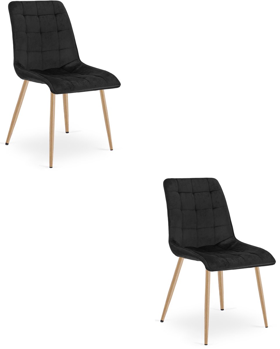 LEOBERT Set van 2 Eetkamerstoelen SPLIT – Zwart Velvet / Fluweel – Gestoffeerde Zitting – Metalen Poten in Eikenlook – Modern Design – Voor Eetkamer en Keuken