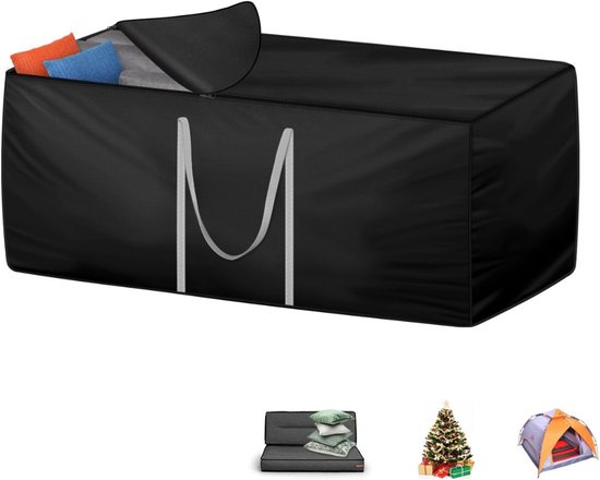 Zwarte opbergzak met open rits en gekleurde kussens erin. Icons tonen gebruik voor bank, kerstboom en tent.