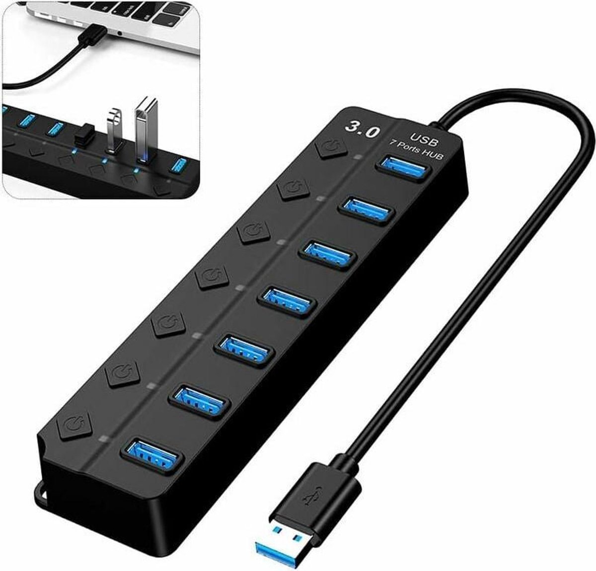 USB 3.0-hub met 7 USB-poorten en een aparte aan/uit-schakelaar; een USB 3.0-hub met meerdere USB-poorten, Geschikt voor pc's, laptops, MacBooks, Mac Pro's, Mac Mini's, iMacs en Surface Pro's.
