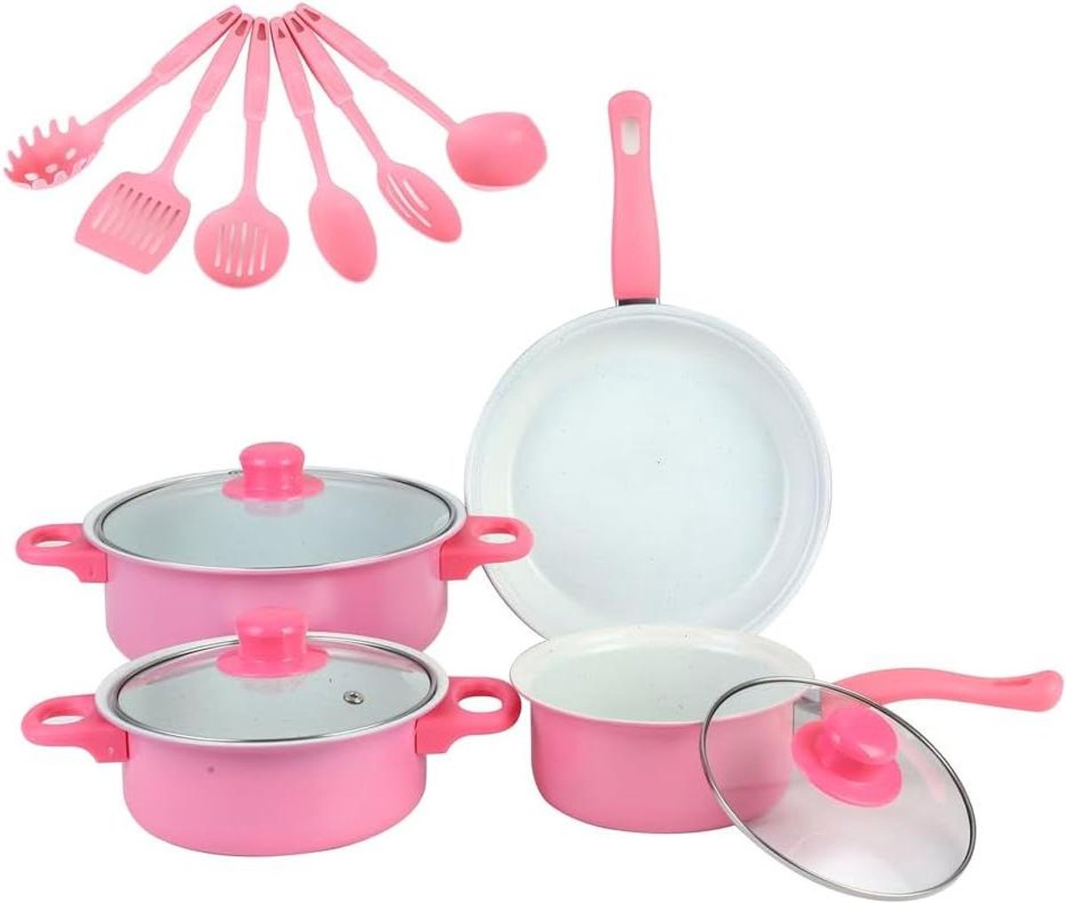 Kookgerei Set - Pannen Set - Koken en Bakken - Antiaanbaklaag - 16-22cm - Roze
