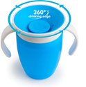 Blauwe Munchkin Miracle 360° drinkbeker met witte handvatten en een blauw deksel met hartje.
