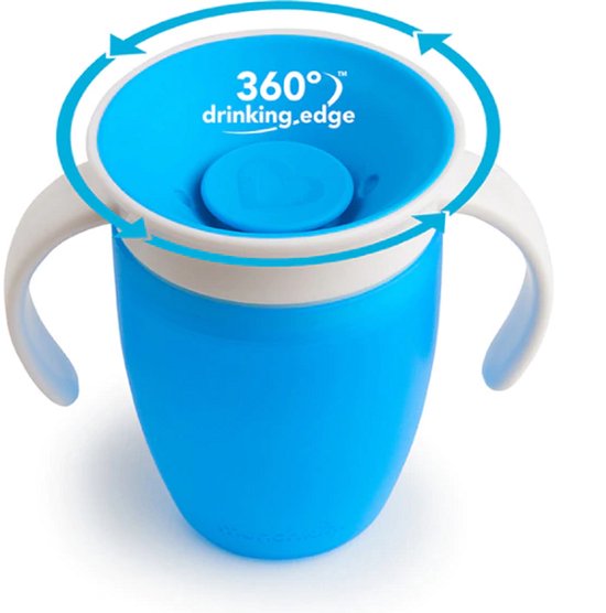 Blauwe Munchkin Miracle 360° drinkbeker met witte handvatten en een blauw deksel met hartje.