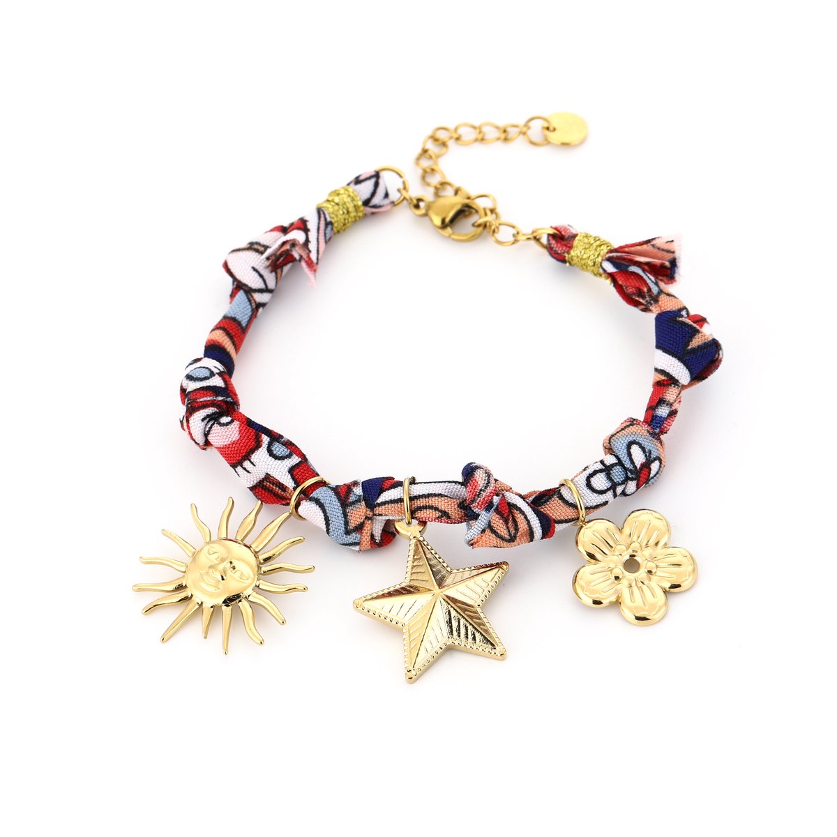 She life style - kleurrijke gevlochten bandana armband met goudkleurige bedels van roestvrij staal