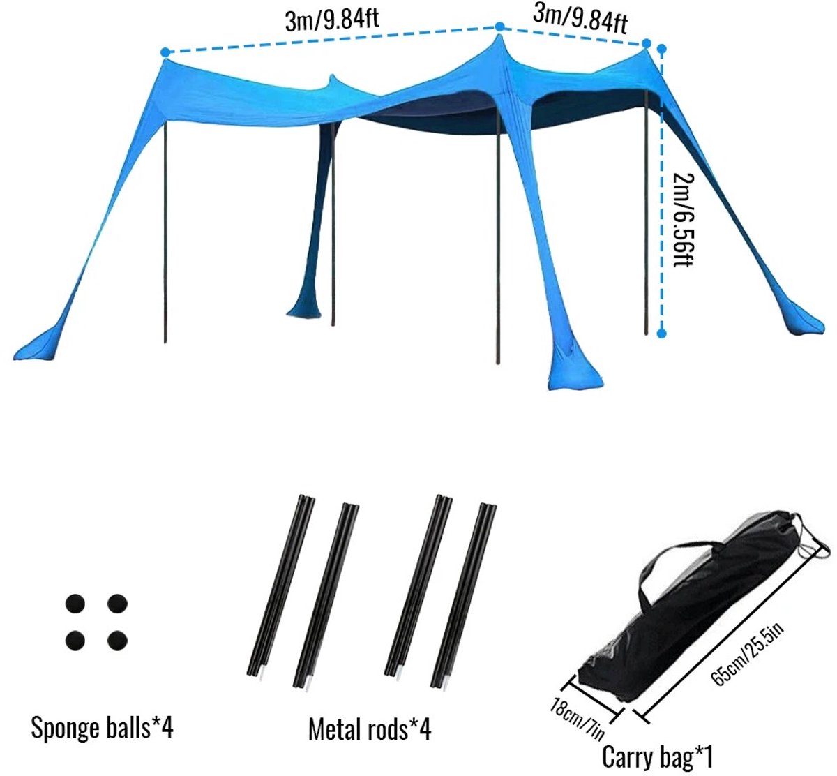 Lifero Strandtent met UV 50+ Bescherming - Tent Strand met Zandzakken - Kamperen - Achtertuin - Picknick, Outdoor - Blauw - 3x3m