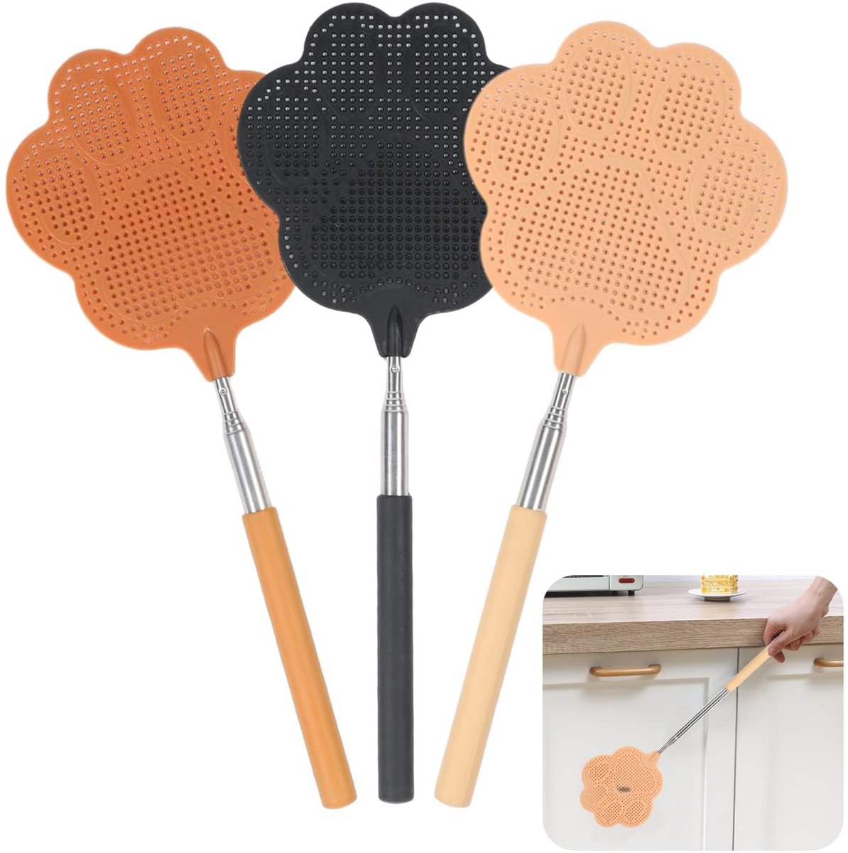 SolidChoice - Telescopische Vliegenslager - Set van 3 - RVS Handvat - Insectenbestrijding - Effectieve Oplossing - Tuin en Buiten - Geschikt voor Alle