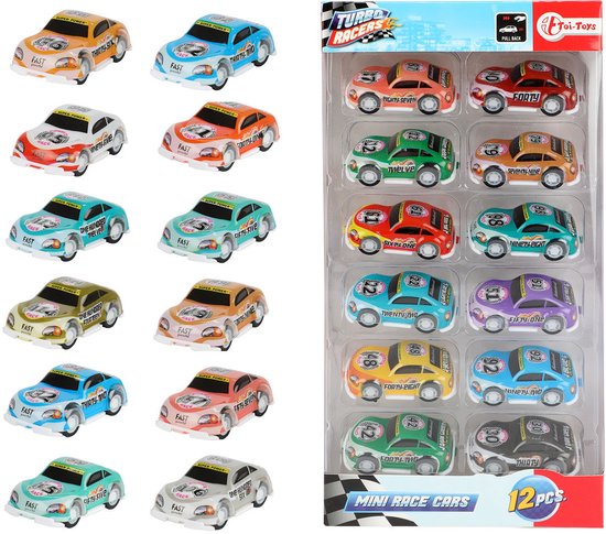 Twaalf gekleurde mini raceauto's in een verpakking.