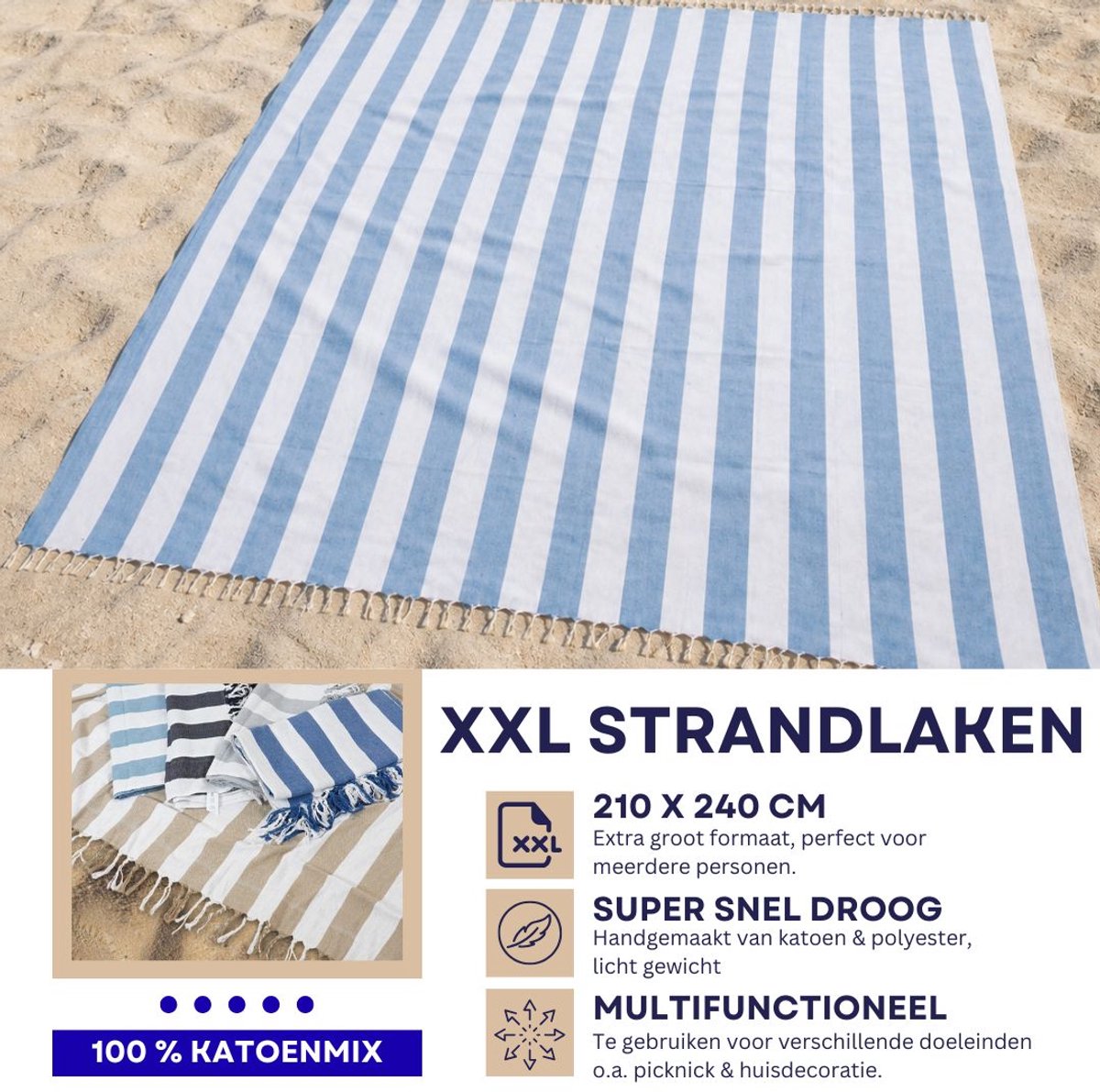 Luxe XXL 2240 x 210 cm Hamamdoek- XXL Groot Vakantie Strandlaken -tweepersoons Strandkleed - Katoenmix - Lichtblauw Wit Gestreept aesthetic - Sneldrogende Strandlakens - Bedsprei extra groot