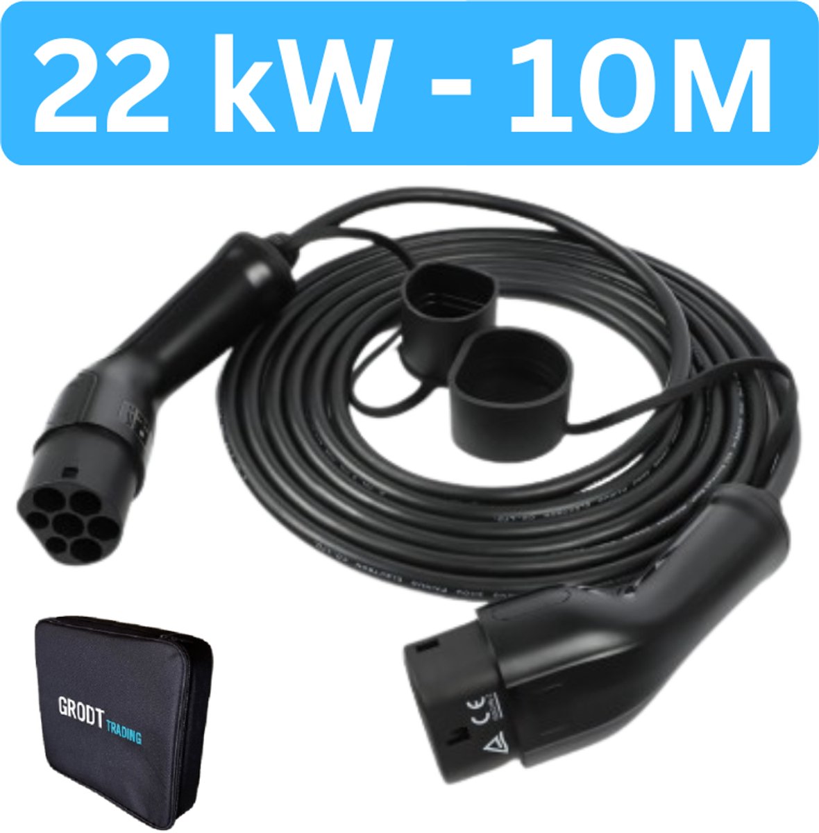 Laadkabel Type 2 | 32A 3 Fase | 22 kW | 10 meter | Inclusief laadkabel tas | IP65 | 2 Jaar garantie | Mennekes aansluiting | Laadkabel auto | Zwarte 10 meter kabel TPU | CE, ISO & RoHs gecertificeerd