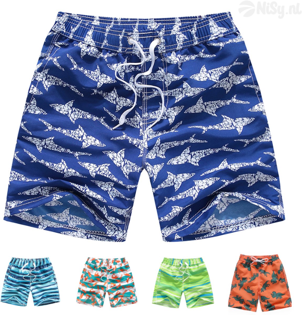 NiSy.nl Zwembroek Wit/Blauw | Jongens | Zwemshort | Haaien Print | Sneldrogend | Maat 134/140