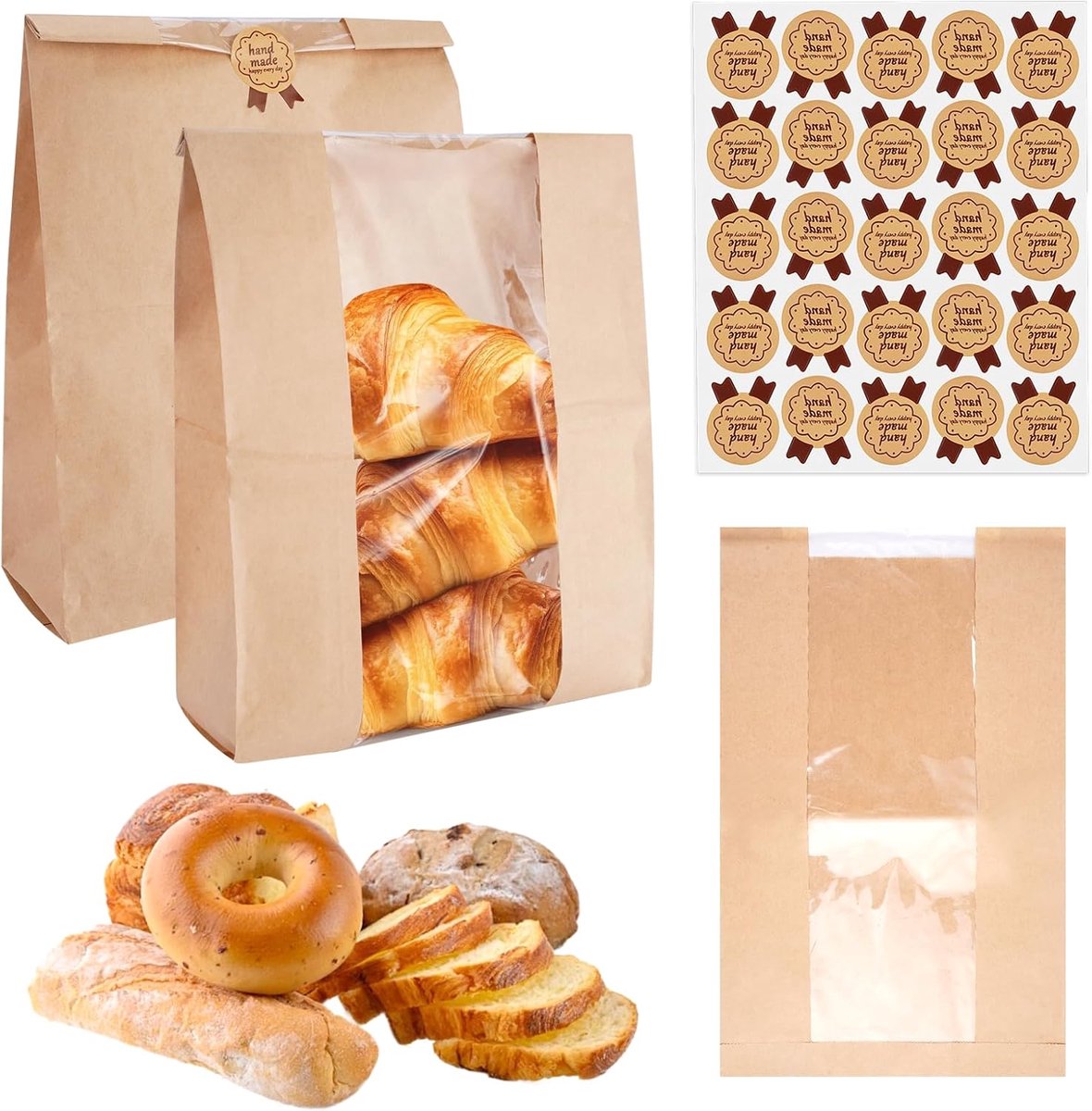 Broodzakken papier-papieren zakken voor brood-50 grote papieren broodzakken - Kraftpapieren broodzakken - Bakzakken met transparant venster - Voedselveilige bruine boterbroodzakken - Voor brood, koekjes en gebak - 35×21×8 cm