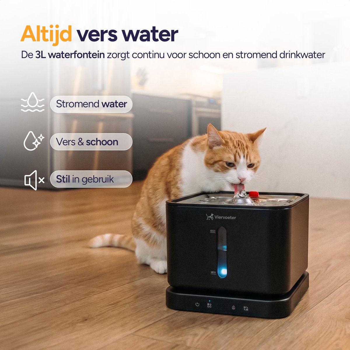 Viervoeter® Draadloze Drinkfontein RVS - Sensor Waterfontein voor Kat en Hond - Inclusief 3 filters en los te koppelen accu - 3L - 30d batterijduur thumbnail 3