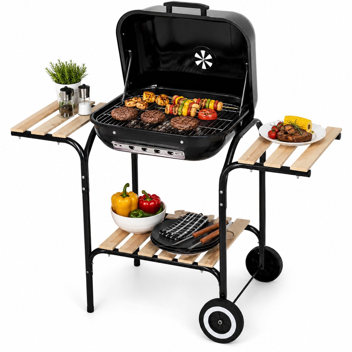 KINGHOFF Houtskoolbarbecue KH-2034 - BBQ met Deksel, Zijtafels en Wielen - 43 x 39,6 cm