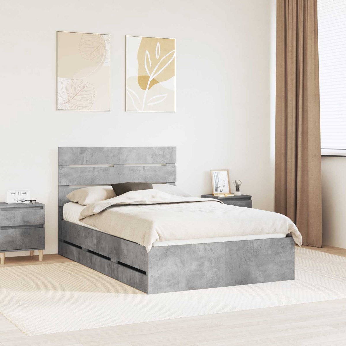 vidaXL Bedframe - met - lade - Beton - Grijs - 135 - x - 190 - cm - Ingenieurshout Beton grijs