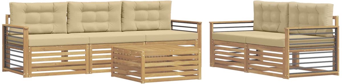 vidaXL Buiten - bank - set - 6 - st - 5-zits - Wit - en - Beige - Massief - Acacia - Hout Wit en Beige
