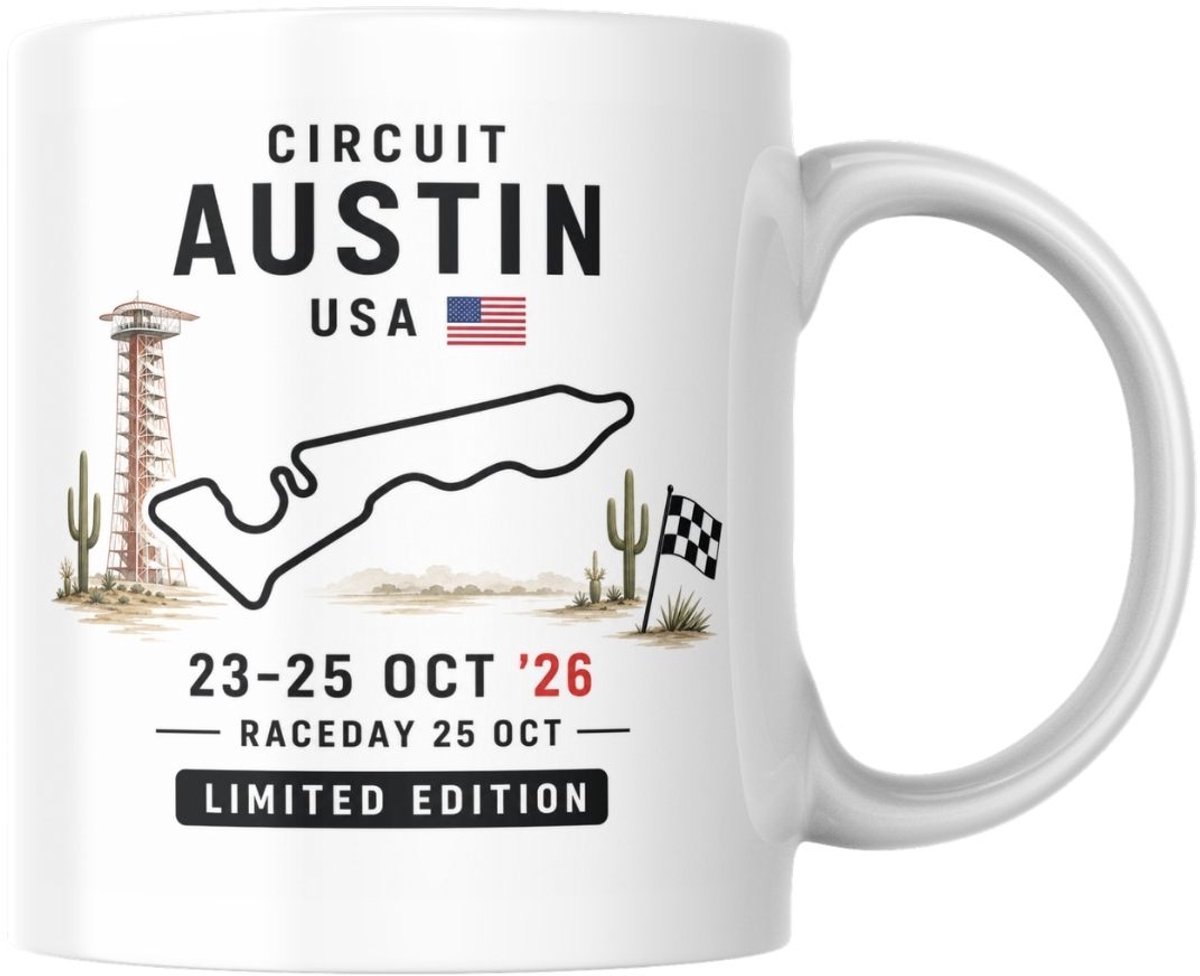 Hip met Pit Creaties - F1 Mok Austin 2026 - Formule 1 Circuit Mok - Grand Prix Austin 23-25 OKT '26 - Racedag 25 OKT - F1 Cadeau - Limited Edition Racefan Merchandise