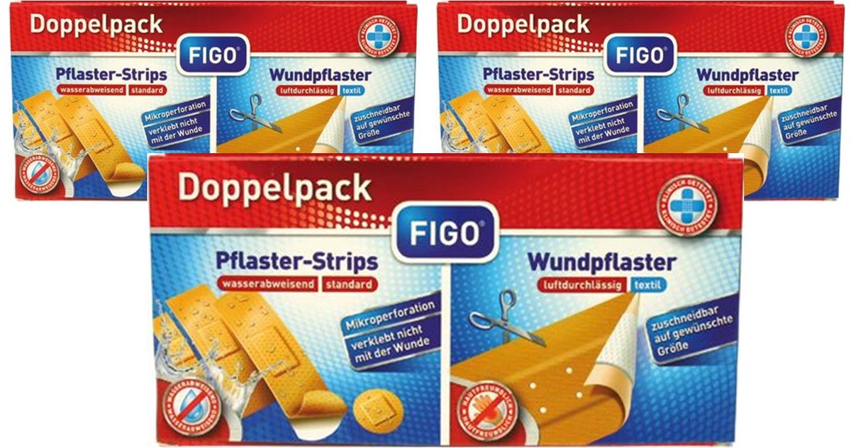 FIGO Dubbelpak Pleisters – 3 Stuks – Pleister-Strips + Knipbare Wondpleister – Waterafstotend & Ademend