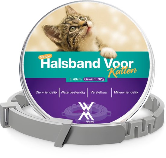 Grijze kattenband met 'Wemi' logo en foto van een kitten op de verpakking.