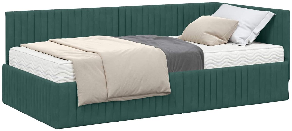 vidaXL Hoekbedframe - met - Matras - 2 - st - Donkergroen - 100 - x - 200 - cm - Fluweel
