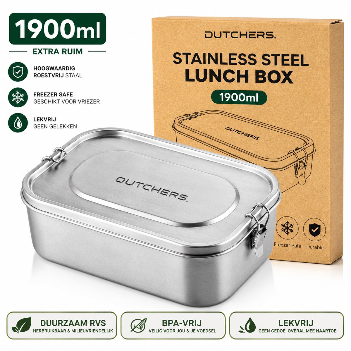 Dutchers® RVS Lunchbox met 3 Compartimenten – 1900 ml - BentoBox - Lunchtrommel - Volwassenen - Broodtrommel - Foodprep - BPA Vrij Luchtdicht, Duurzaam & Stijlvol