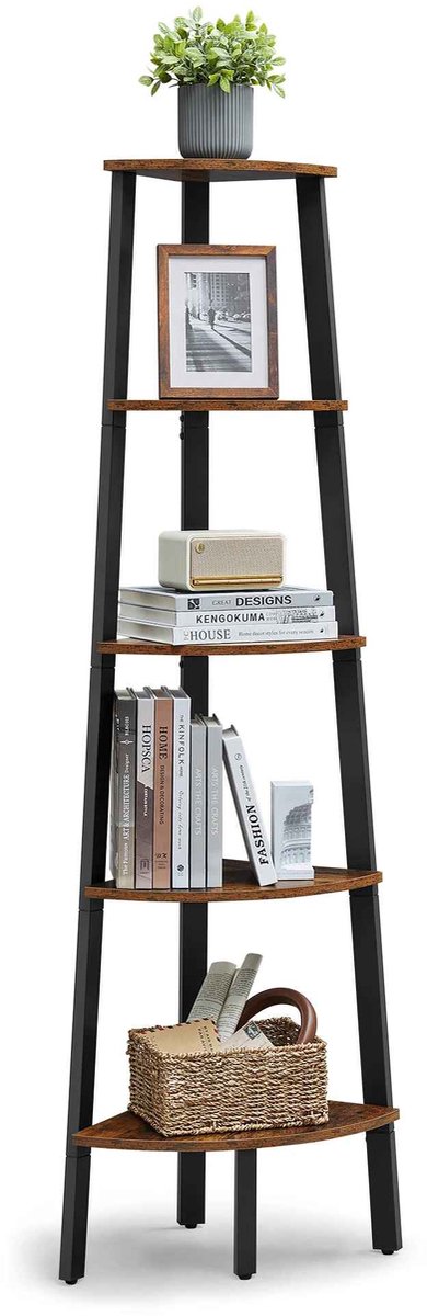 C. , R. E. CORE Boekenplank - Hoekboekenkast - Industrieel ontwerp - 5 planken - Aflopend trappen design - 52x37.5x159cm - Bruin en zwart
