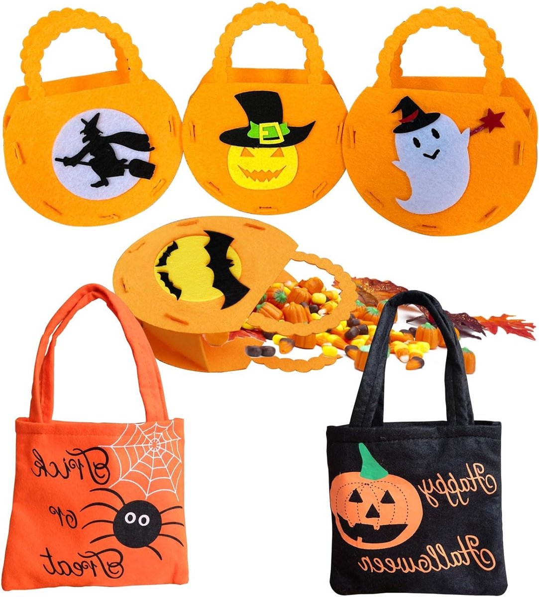 6 Stuks Herbruikbare Halloween Snoepzakken, Pompoen Snoepzakken voor Halloween, Kostuumfeesten en Themafeesten