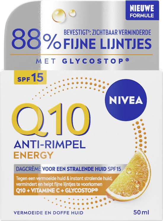 Nivea Q10 Energy dagcrème potje en doosje met sinaasappelschijfje, "88% fijnere lijntjes" en "Nieuwe formule".