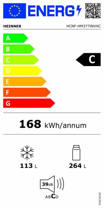 Heinner HCNF-HM377INVXC Koel-vriescombinatie 377 L – Full No Frost – Touchbediening met LED-display – Holiday-functie – Super-functie – RVS – 5 Jaar Garantie
