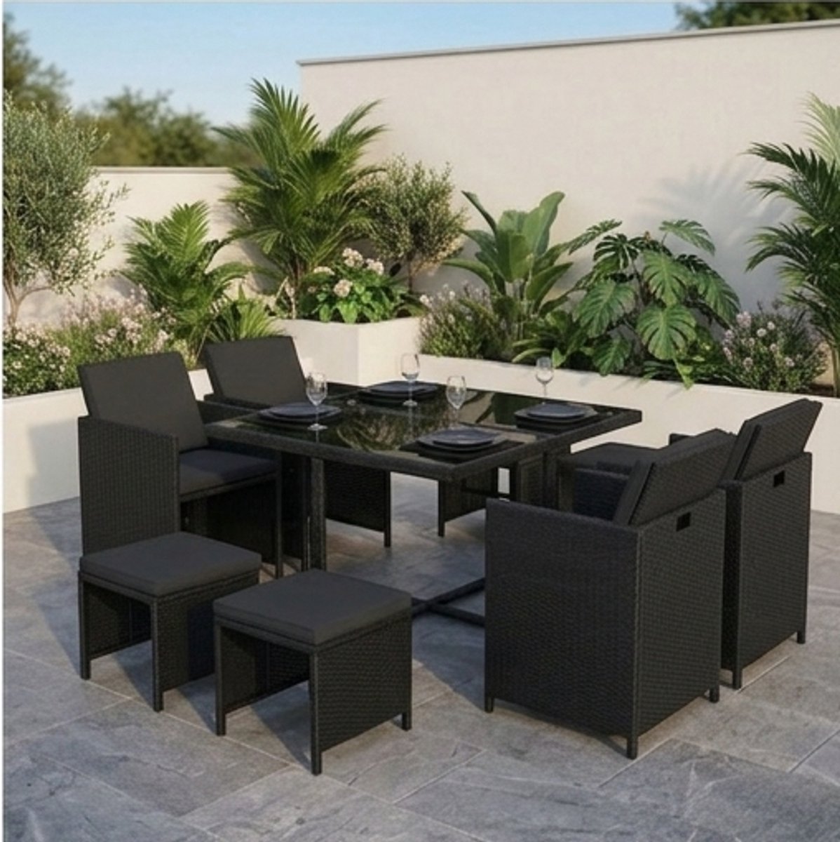 Luxe Polyrattan 9-delige Tuinset Cube Dining Lounge Set – Weerbestendige 8-persoons Outdoor Eet- en Loungeset met Stoelen, Krukken & Glazen Tafel – Ruimtebesparende Tuinset – Zwart - IndustroHome