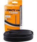 Een opgerolde zwarte fietsband met een Continental Race 28 (700C) doos ernaast. De doos toont technische specificaties en een Presta ventiel van 80 mm.