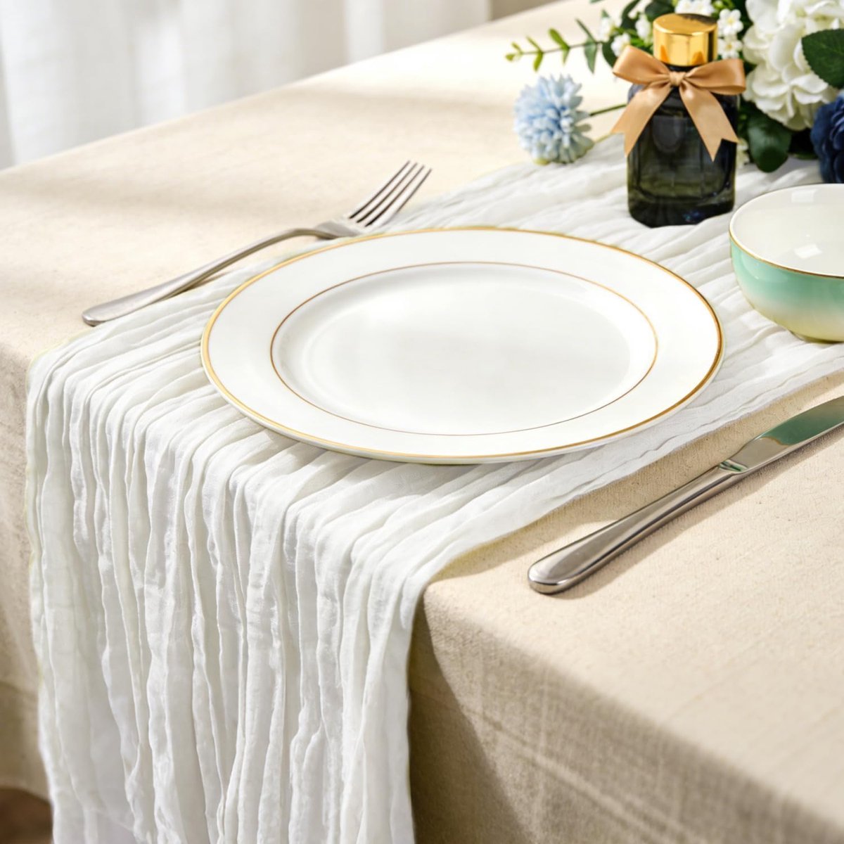 Tafel Runner Set - Loper Stof - Feestelijke Decoratie - Rustiek Boho Design - 90x300 cm - Wit